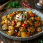 Recette Pommes de terre au curry et friggitelli avec raifort et sauce aux amandes