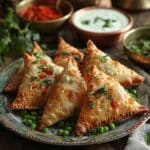 Recette Samosa de pommes de terre et petits pois sur une sauce épicée au yogourt